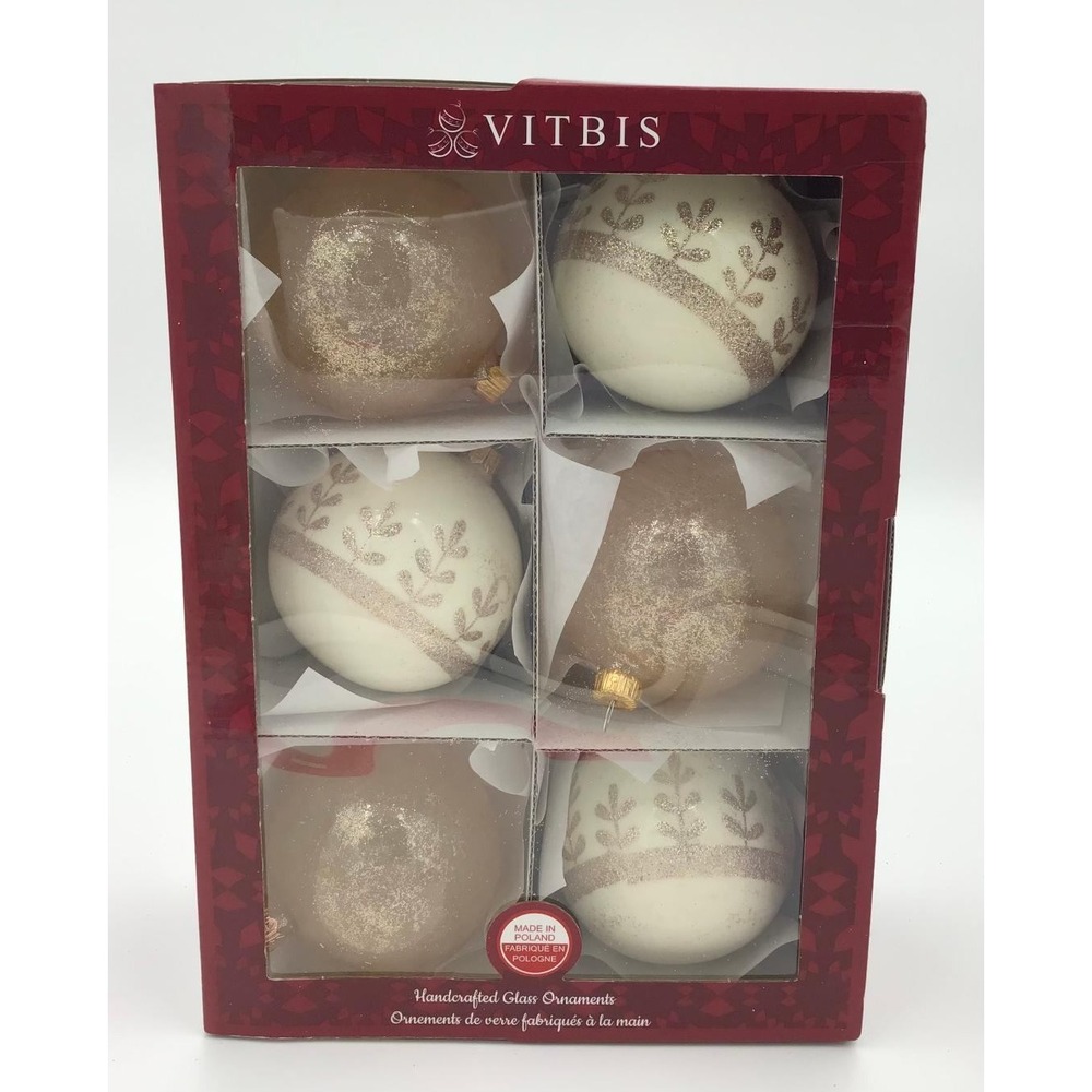 Vitbis Poland Handcrafted Glass Ornaments 6 Cream Gold Glitter Traditional Luxe